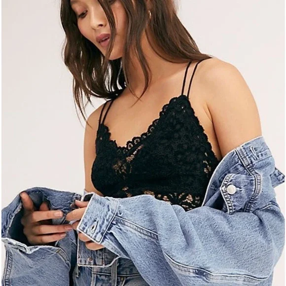 FREE PEOPLE ONE Celine Lace Bralette Womens Small Black Strappy Flocked Velvet - Picture 2 of 15